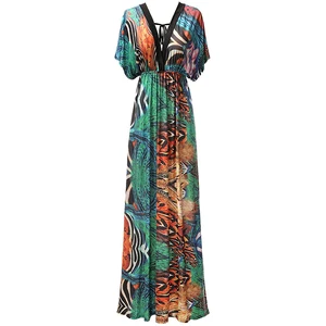 Женское пляжное платье с V-образным вырезом, коротким рукавом летучая мышь