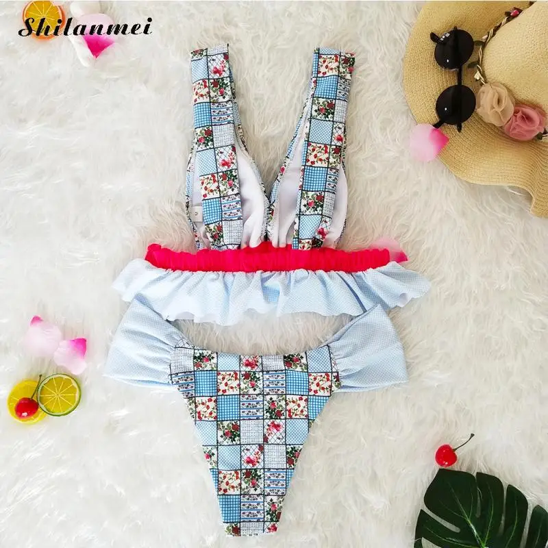 2018 Цветочный принт рябить бикини Повязку ванный комплект Мягкий Push up Купальники
