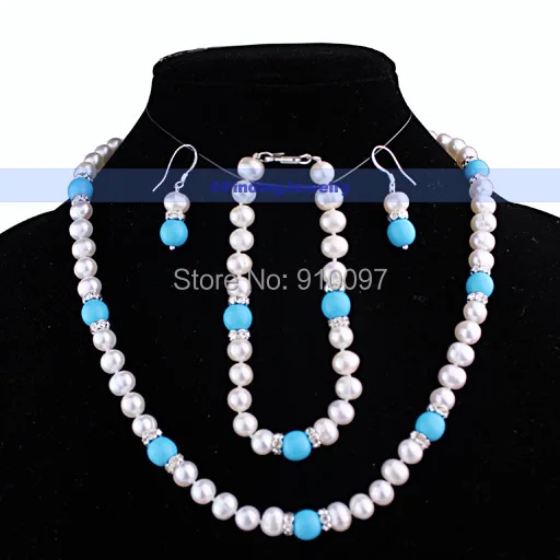 

LHX54013>>8 mm Turquoise & White Pearl Necklace Earrings Bracelet Se