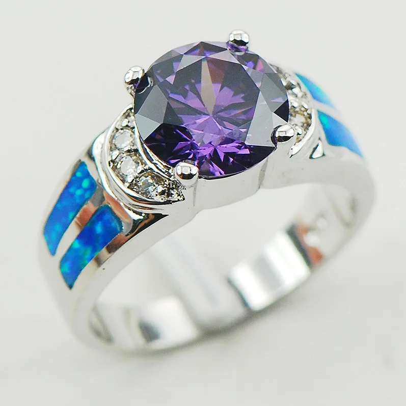

Женское серебряное кольцо с фиолетовым кристаллом циркона и голубым огненным опалом, размеры 6, 7, 8, 9, 10, R1177