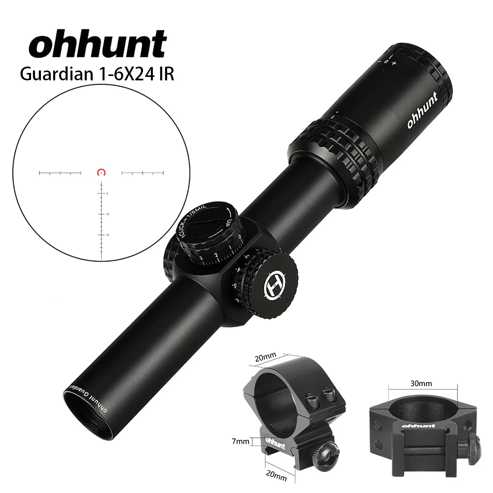 ohhunt Guardian 1-6X24 IR Hunting Riflescopes Compact Glass Etched Reticle llluminate Turrets Lock Reset Tactical Optical Sight - Цвет: with Picatinny Rings