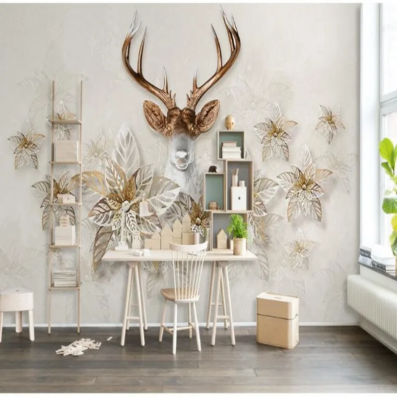 

beibehang Custom large fresco retro 3d 3d elk flower fashion simple TV backdrop nonwovens super green wallpaper