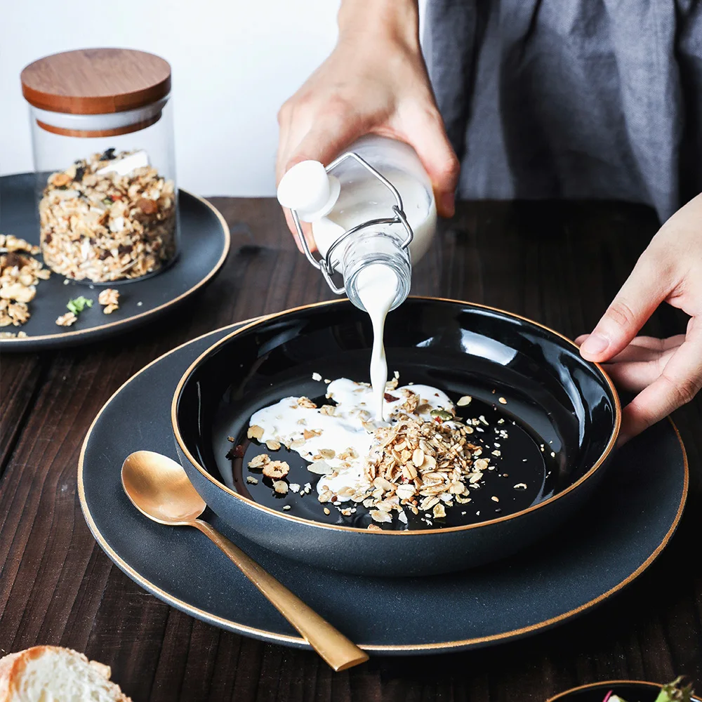 Черная керамическая посуда домашняя чаши для риса и супа миска лапши|Блюдца