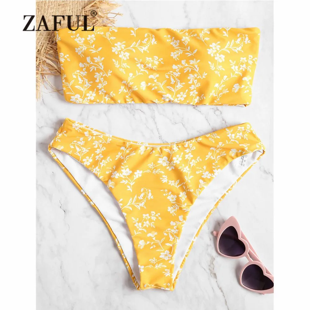 Женский купальник-бандо ZAFUL бикини с высокой талией без бретелек цветочным