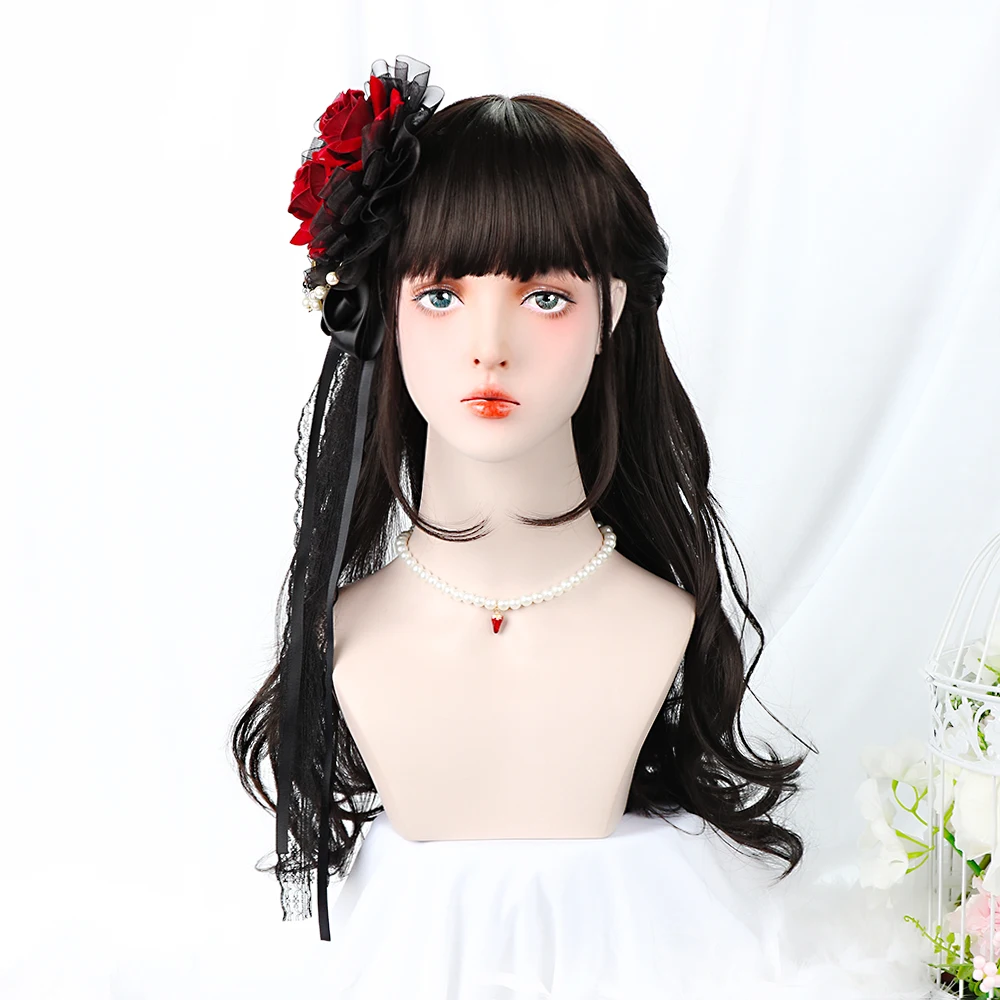 

24''Synthetic Black Cosplay Lolita Wig With Bangs Long Curly Costume Japan Harajuku Hair Cosplay Wigs For Women Heat Resistant