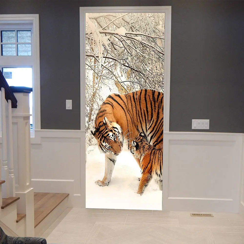 Новые 3D креативные наклейки на дверь снежного тигра s самоклеющиеся DIY плакат, Декор для дома спальни гостиной ПВХ водонепроницаемый стикер на стену - Цвет: MT-057