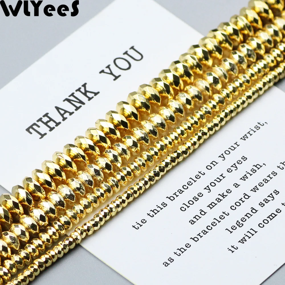 

WLYeeS 18 Gold plated Hematite beads 3 4 6 8 10mm Flat round Spacer loose beads natural stone for Jewelry Bracelet Making DIY
