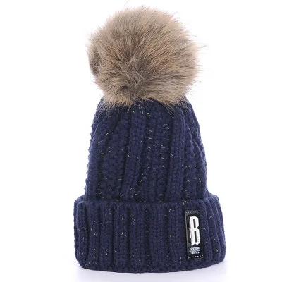 Navy Hat Теплая вязаная зимняя женская шапка для девочек, шерстяные шапочки Skullies с буквой B, бархатная шапка, шапка-маска, Женская Балаклава, шарф, шапка - Цвет: Navy Hat