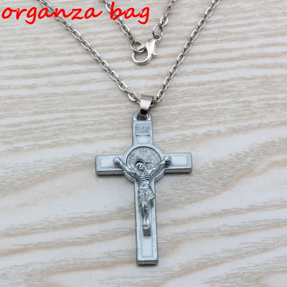 

Hot ! 1pcs INRI Crucifix white Enamel Saint Benedict Medal Cross Religious Pendant Necklaces 20 inches Chains 29x59mm c18