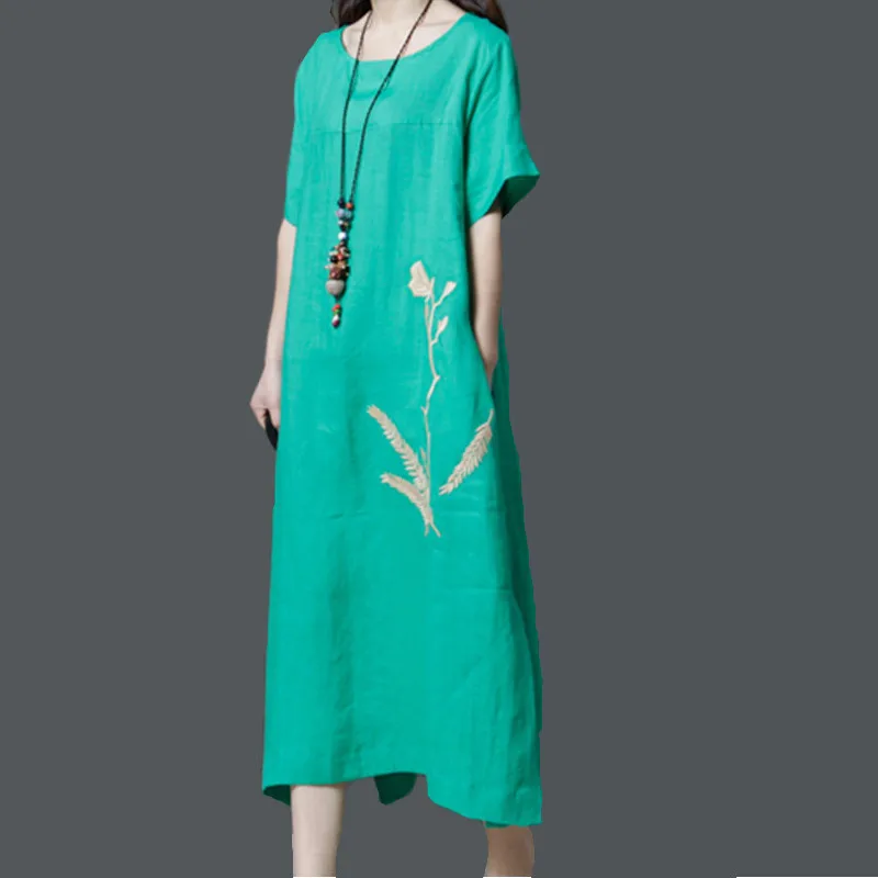 Женское хлопково льняное платье с цветочной вышивкой свободное Повседневное