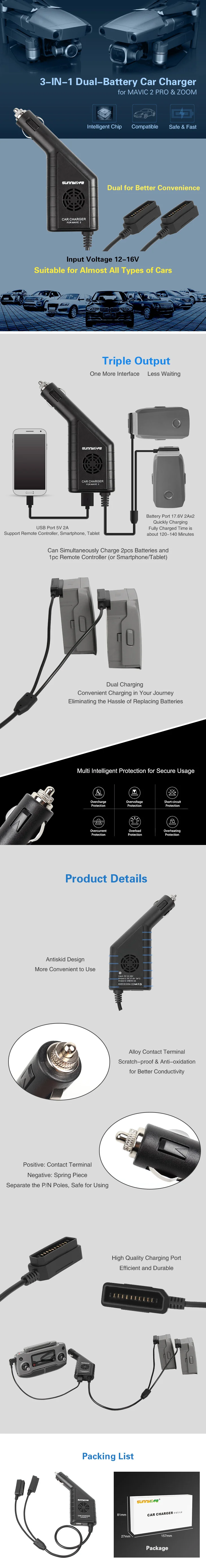 For Mavic 2 Car charger 3in1 Dual Battery With USB Car Charger Remote Charger for DJI MAVIC 2 PRO&ZOOM Drone Battery Charger