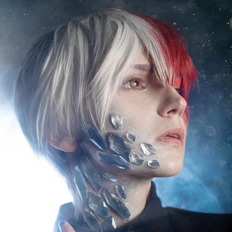 Morematch My Hero Academia Boku No Hiro Akademia Shoto Todoroki Shouto White Red Halloween Synthetic Cosplay Wig Women +Wig Cap