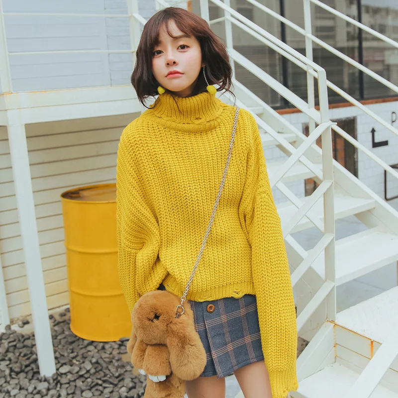Wholesale 2020 autumn winter thick cuffs hem hole loose turtleneck Pullovers solid color batwing sleeve irregular sweaters nice | Женская