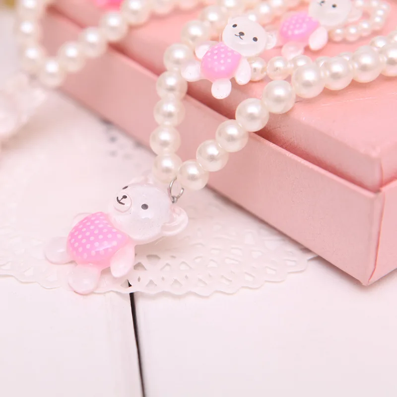 3Pcs/set Cute Kids Rabbit Pearl Necklace Bracelet Earrings Elastic Girls Fashion Princess Pink Children Kawaii Jewelry | Украшения и