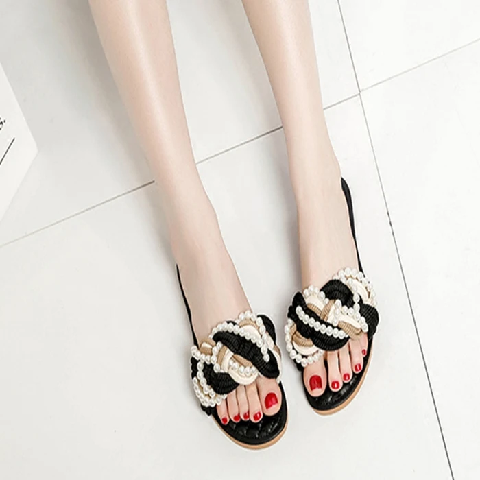 Женские шлепанцы с жемчугом Koovan летние пляжные плетеные сандалии на плоской