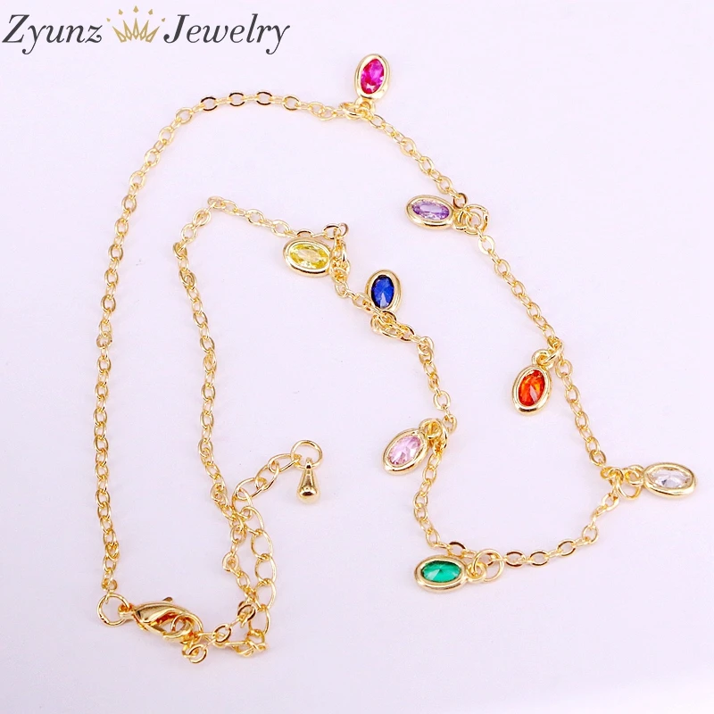 

3PCS, Colorful Multi Rainbow CZ Crystal Zirconia Drop Charms Chain Necklaces