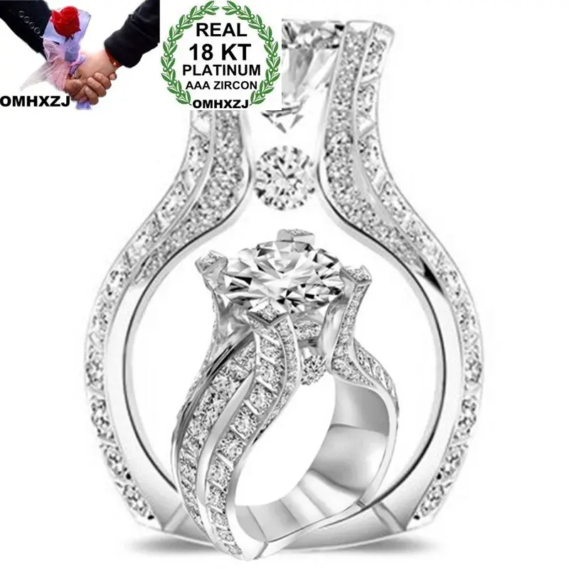 

OMHXZJ Wholesale European Fashion Woman Man Party Wedding Gift Luxury Round White Zircon 18KT White Gold Rose Gold Ring RR441