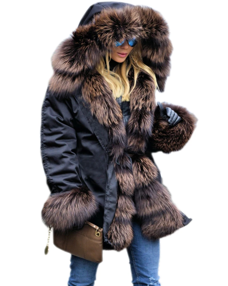 Roiii 2018 New Casual Cafe Brown Thicken Faux Fur Warm Parka Women Hooded Long Winter Jacket Coat Overcoat Snow Wear | Женская одежда