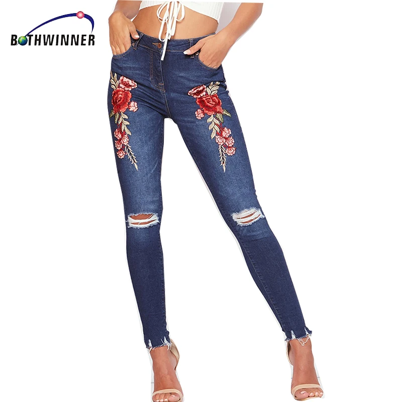 Bothwinner стрейч вышитые джинсы для женщин эластичный цветок женские узкие