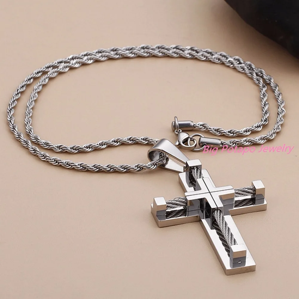 New Design Vintage Bold Large Layered Statement Cross Pendant Necklace For Men Stainless Steel 24&quot Box Chain |