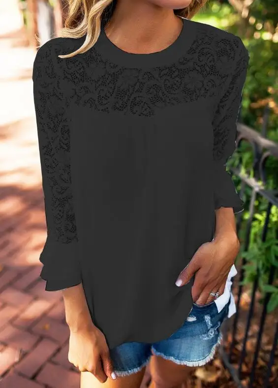 Белая Повседневная Блузка с кружевом летняя однотонная женская блузка рукавом