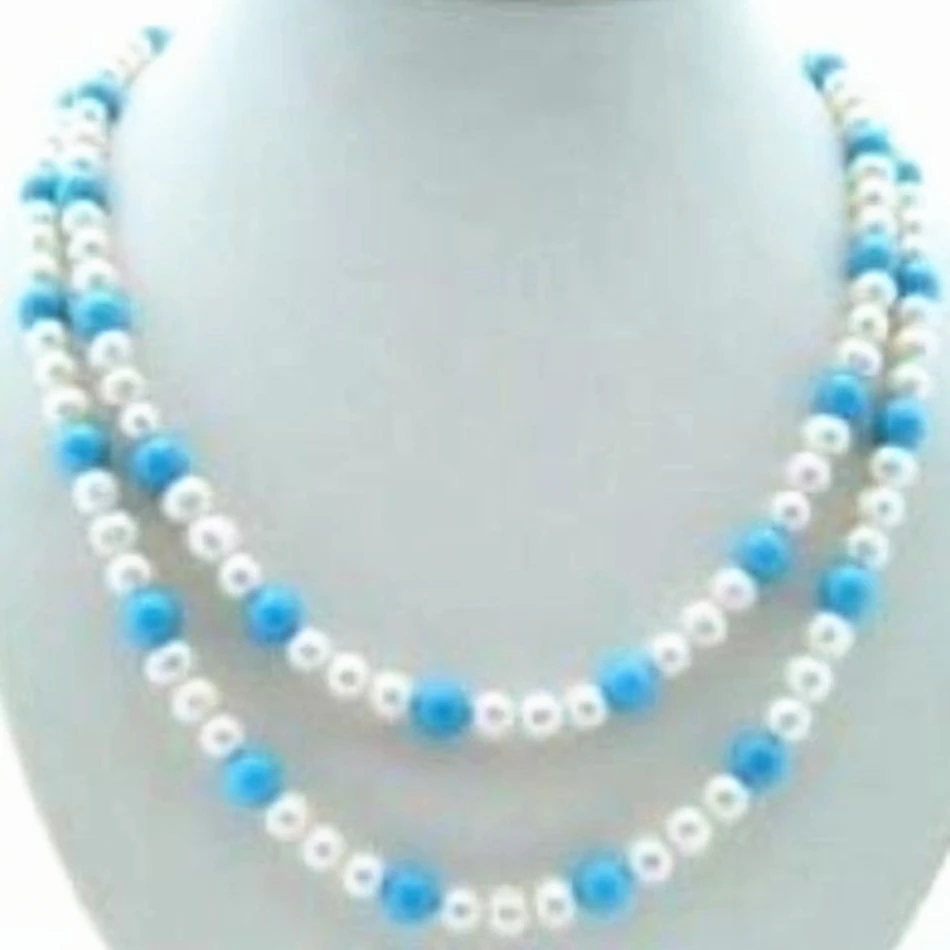 

7-8 мм натуральный белый пресноводным культивированным жемчугом Calaite бирюзой Круглый бисер ожерелье новые модные женские вечерние Jewels 35''my5174