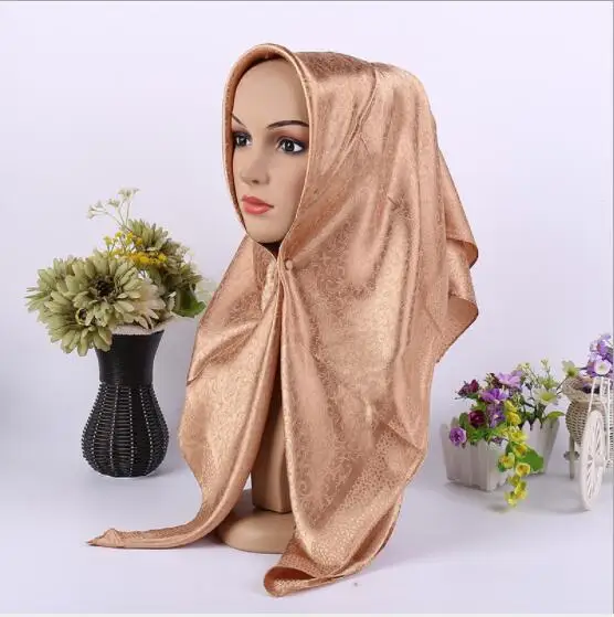 10 floral camel Модной атласной жаккард мусульманский шарф металлический шарф Обёрточная бумага тюрбан в стиле ретро с квадратным хиджабы Исламской Для женщин платок с капюшоном Размер 90x90 см - Цвет: 10 floral camel