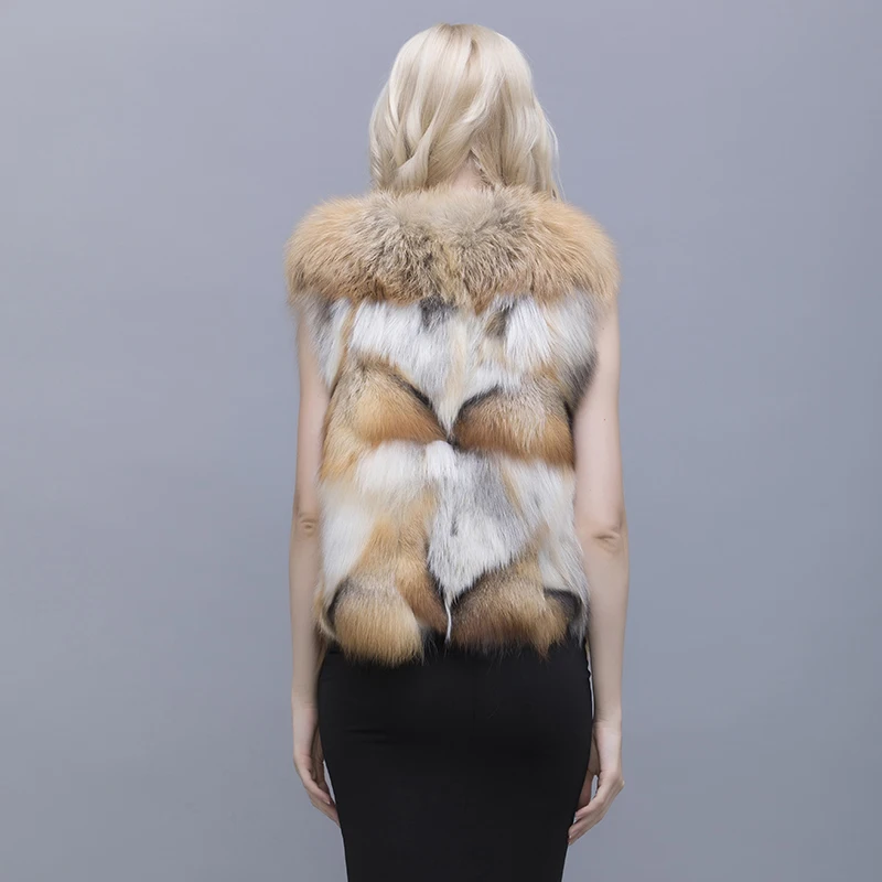 QIUSIDUN Natural Red Fox Fur Vest V Collar 50 Cm Coat Winter Warm Fashion Large Size Woman's Pure Natural Full Pelt Vests Solid