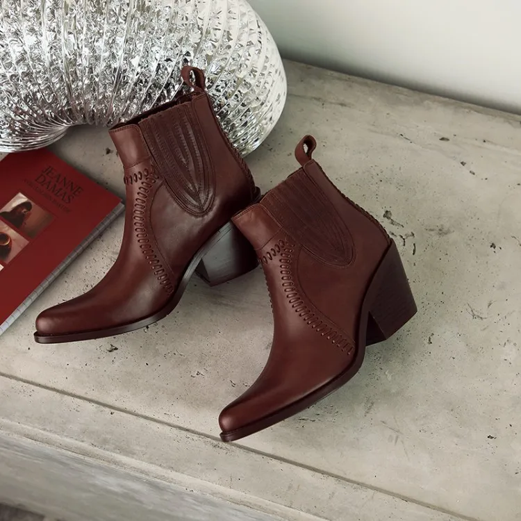 MLJUESE/женские ботильоны из коровьей кожи Винтажные Ботинки коричневого цвета на