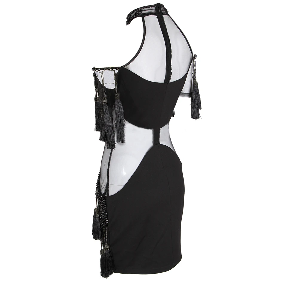 Женское облегающее платье розовое черное без рукавов с жемчугом и кисточками