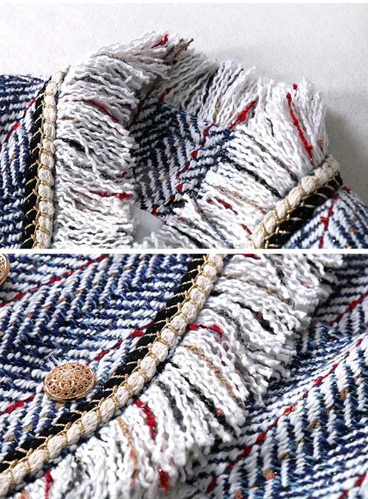 Высококачественная твидовая куртка женская 2018 синяя и белая полосатая