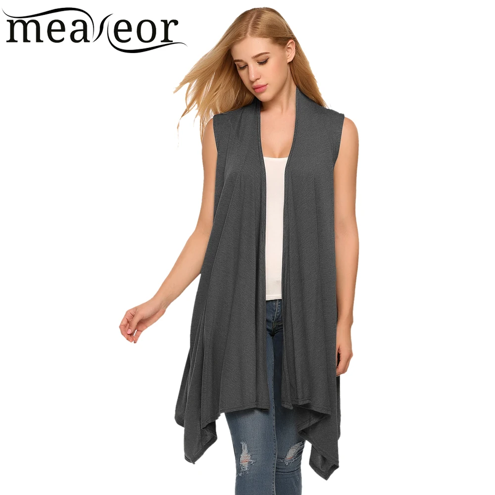 Meaneor Women Vest Sleeveless Cardigan Casual Draped Asymetric Hem Open Front Solid Black Feminino Long Sweater Coat |
