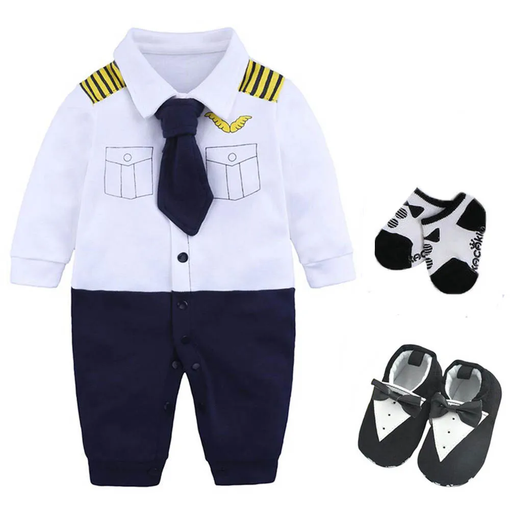 3 pieces set---white Одежда для новорожденных и маленьких мальчиков, вечерние костюмы в подарок на день рождения, боди+ шапка+ носки+ туфли для малышей 0-3, 3-6 месяцев, хлопковый Детский костюм для игр, Костюм Пилота - Цвет: 3 pieces set---white