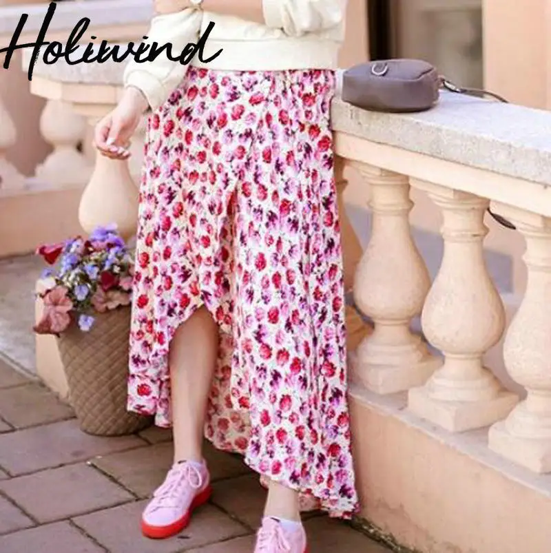 2019 Летняя женская винная юбка в горошек красного цвета с оборками длинная