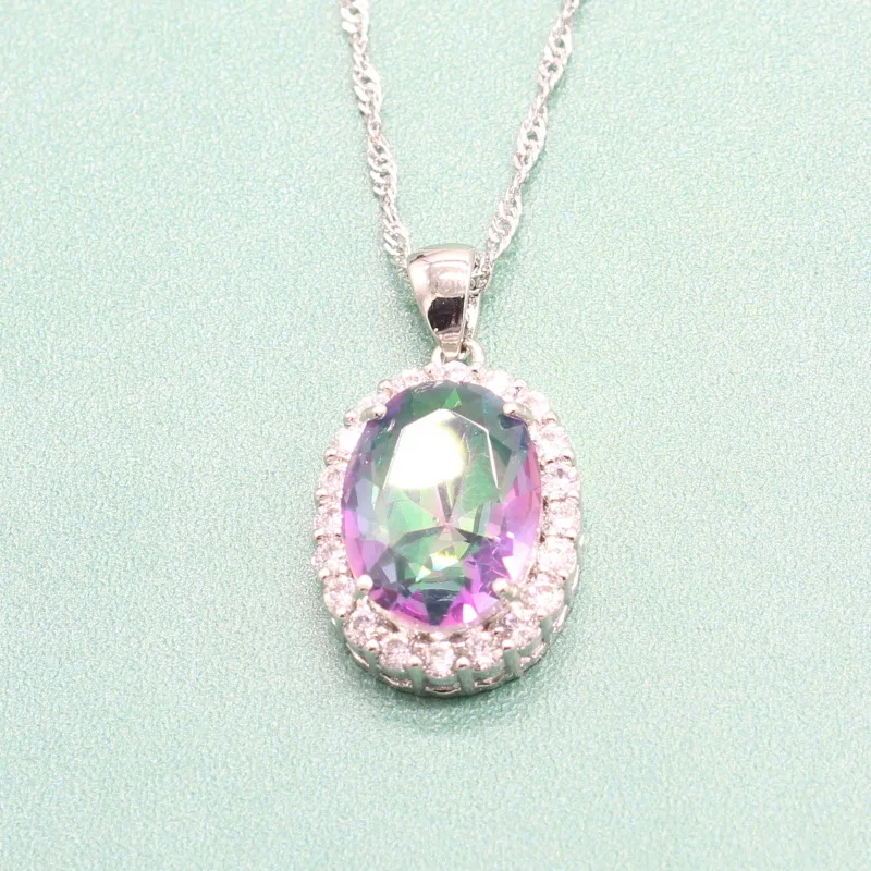EIOLZJ Oval Multicolor Semi-precious Stone Sterling Silver 925 Jewelry Sets For Women Pendant Ring Earrings Free Box | Украшения и