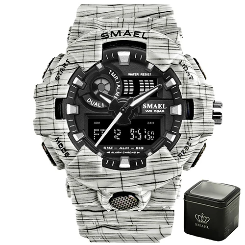 White with box Для мужчин часы белый Dual Time SMAEL Спорт Часы Будильник 8001 Военная Униформа армии наручные часы водонепроницаемые мужские часы relogio masculino - Цвет: White with box