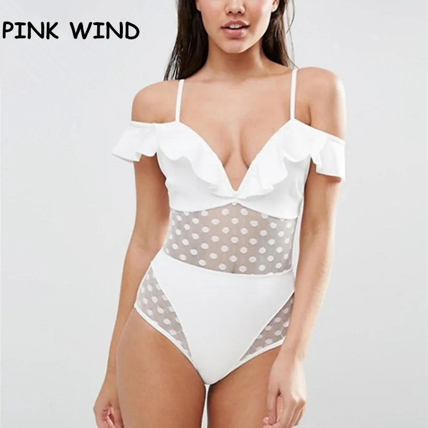 Женский купальник с глубоким вырезом розовый белый кружевной открытыми плечами