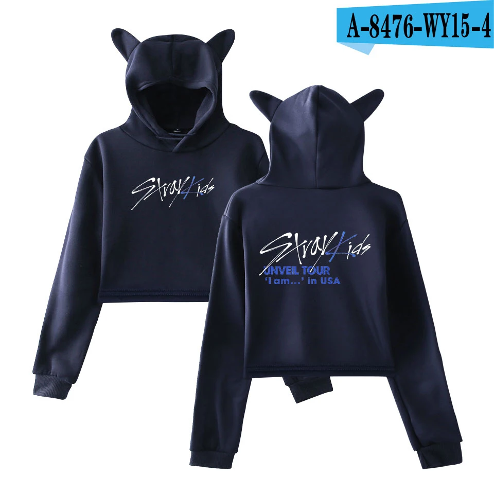Stray Kids Kpop Cat/укороченные толстовки для женщин; Модный пуловер с капюшоном и длинными рукавами; укороченные топы; хит модных продаж; уличная одежда - Цвет: navy blue