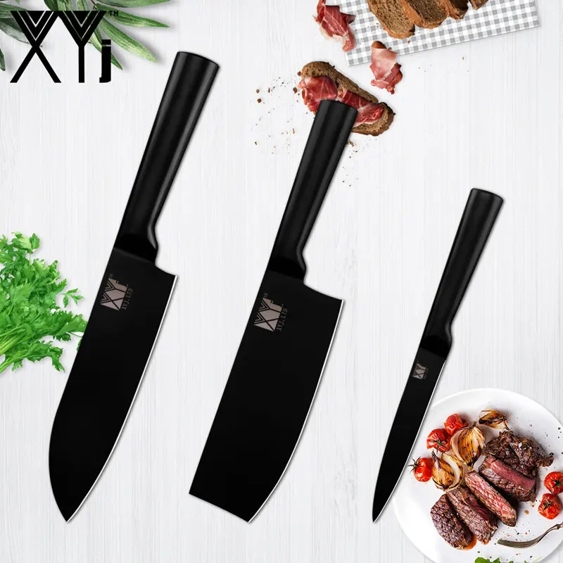3 Pcs knives Set C XYj набор кухонных ножей из нержавеющей стали, высокое качество, острый черный 4 шт., набор кухонных ножей с 8 дюймовым точилкой для ножей - Цвет: 3 Pcs knives Set C