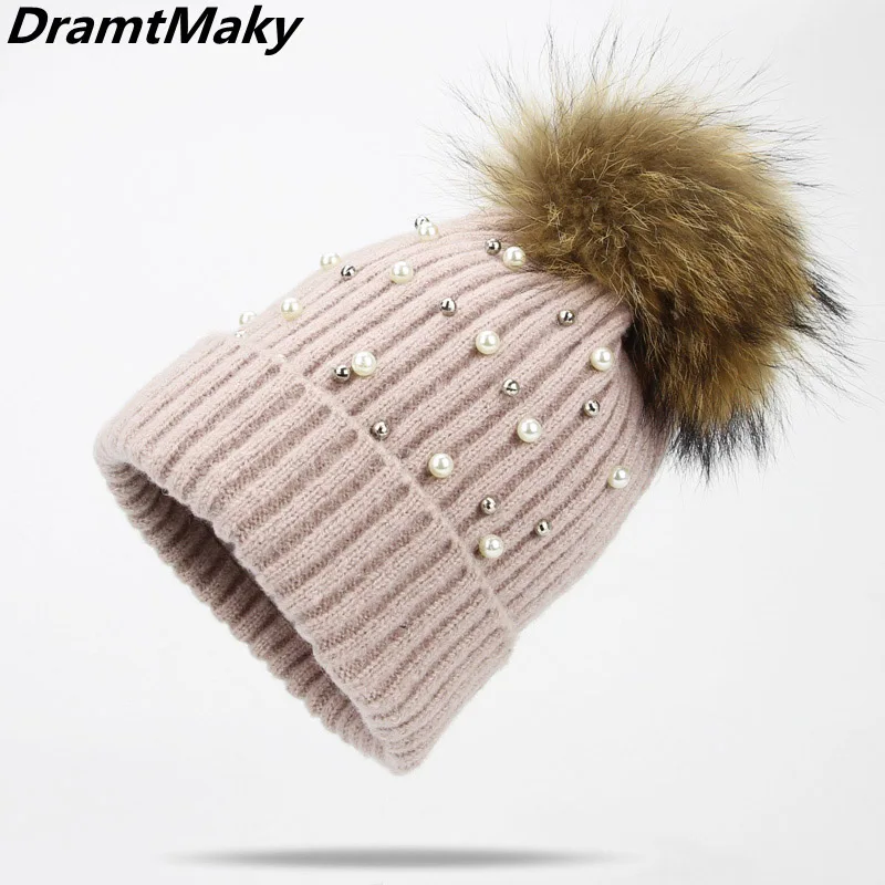 

Pearl Wool Beanies Women Real Natural Fur Pom Poms Fashion Pearl Knitted Hat Girls Female Beanie Cap Pompom Winter Hat for Women