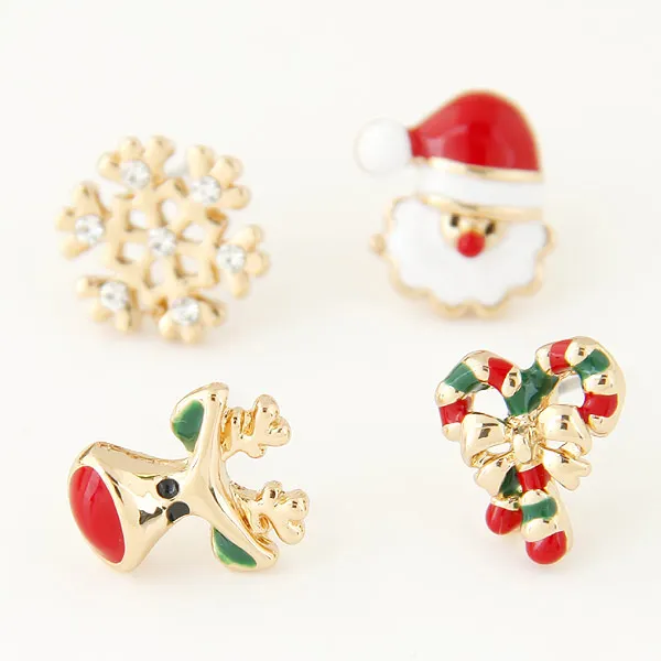 Милые серьги золотого цвета с эмалью елкой оленем бантом гвоздики для девочек на