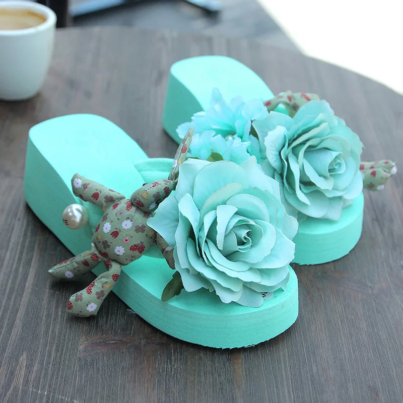 Новые вьетнамки на танкетке цветами ручной работы Летняя женская обувь шлепанцы