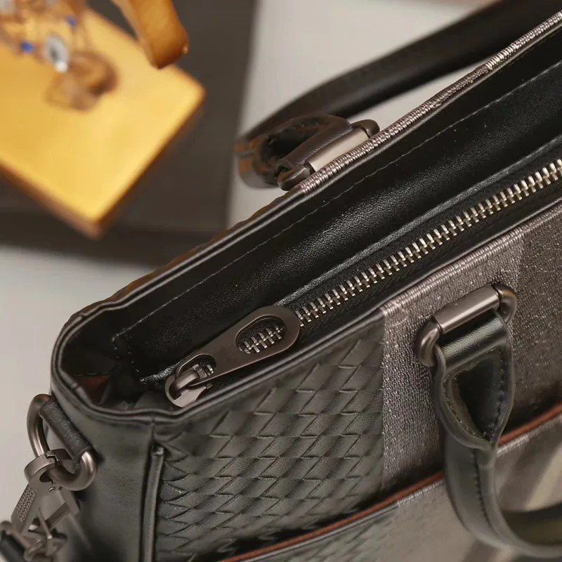 Kaisiludi embroidery men's handbag business leather single-shoulder slant braided men's bag leather briefcase casual computer ba