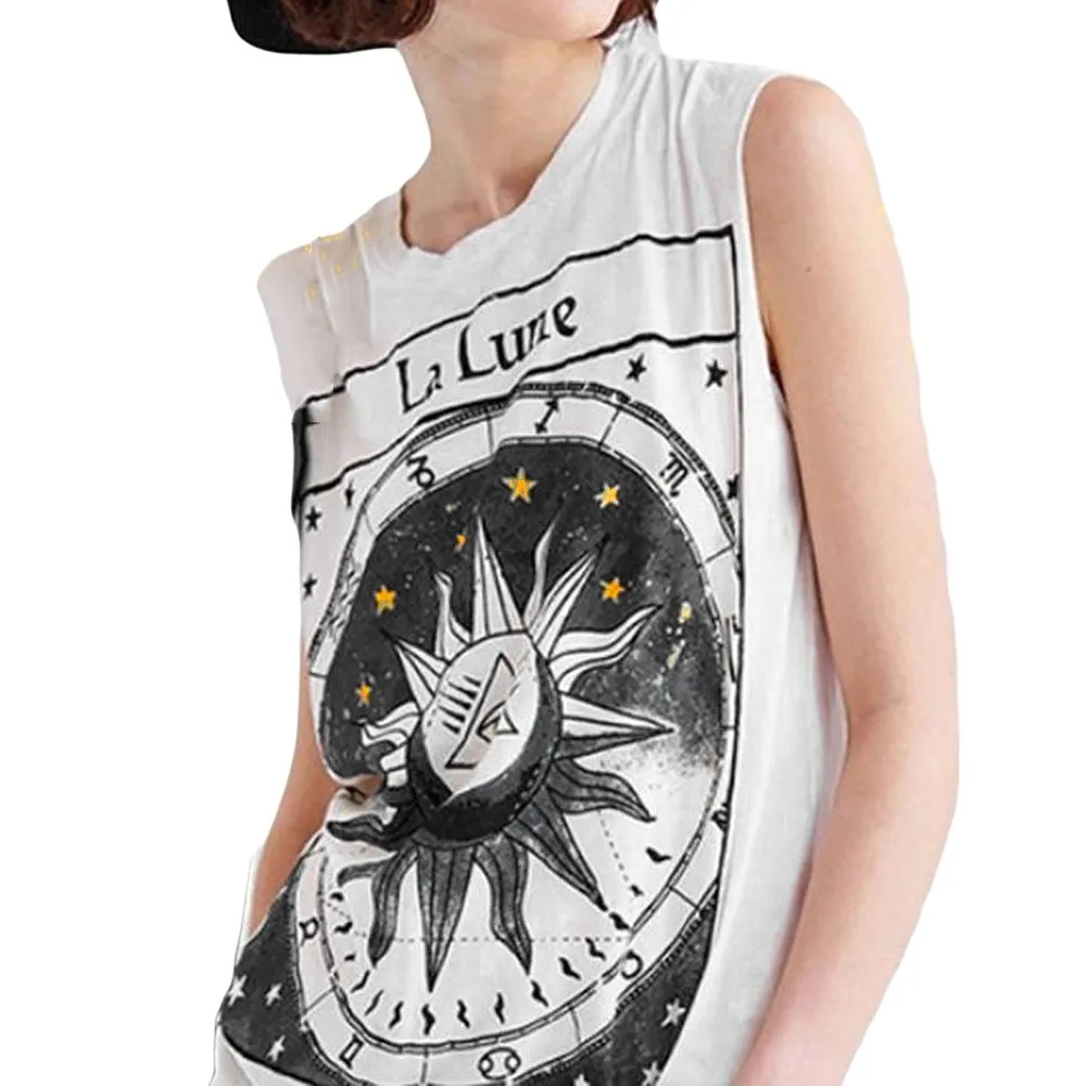 2019 модные сексуальные женские футболки футболка звезда Луна без рукавов принт