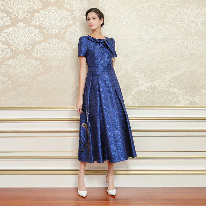 VOA летние темно-синего цвета элегантное Винтаж шелковые жаккардовые вечерние