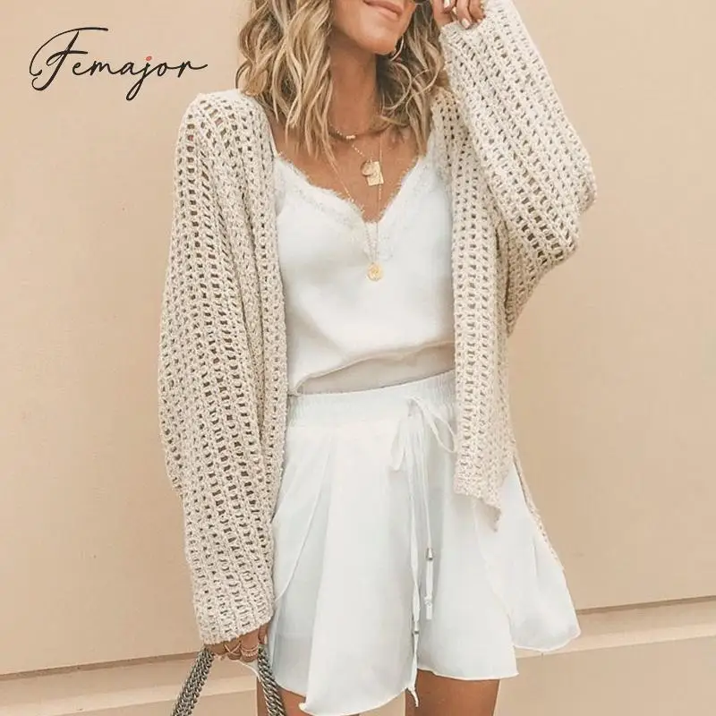 Фото Femajor Women Autumn Solid Color Cardigan Casual Thin Long Sleeve Knitted Coat Hollow out Stitch Mujer Plus Size Jacket Femajor Women Autumn Solid Color Cardigan Casual Thin Long Sleeve Knitted Coat Hollow out Stitch Mujer Plus Size Jacket