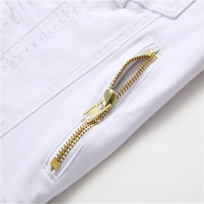 Рваные джинсы куртка Для мужчин хлопок белый рукавов хип-хоп карман на молнии