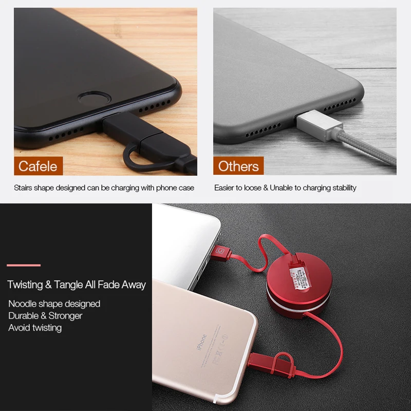 CAFELE usb зарядный кабель для iphone 8 Pin Micro USB кабель для samsung huawei Xiaomi телефонов 2 в 1 Выдвижной Мини милый кабель
