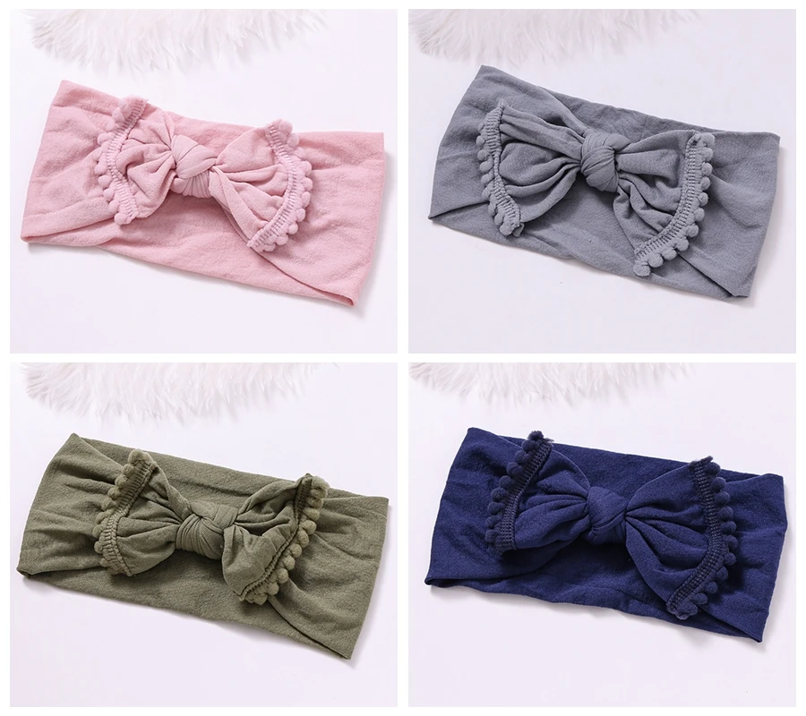 

Wide Nylon Bow Headband with Pompom Trim, Round Knot Nylon Head wraps, Top Knot Nylon Turban Headband