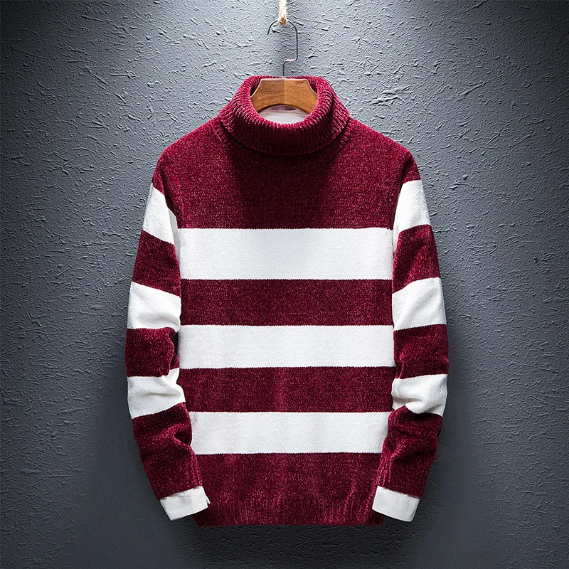 KOLMAKOV New 2022 Men's Clothing Sweaters Turtleneck Thick Sweater Knitting Pullovers Homme High Quality Striped Men 3XL | Мужская